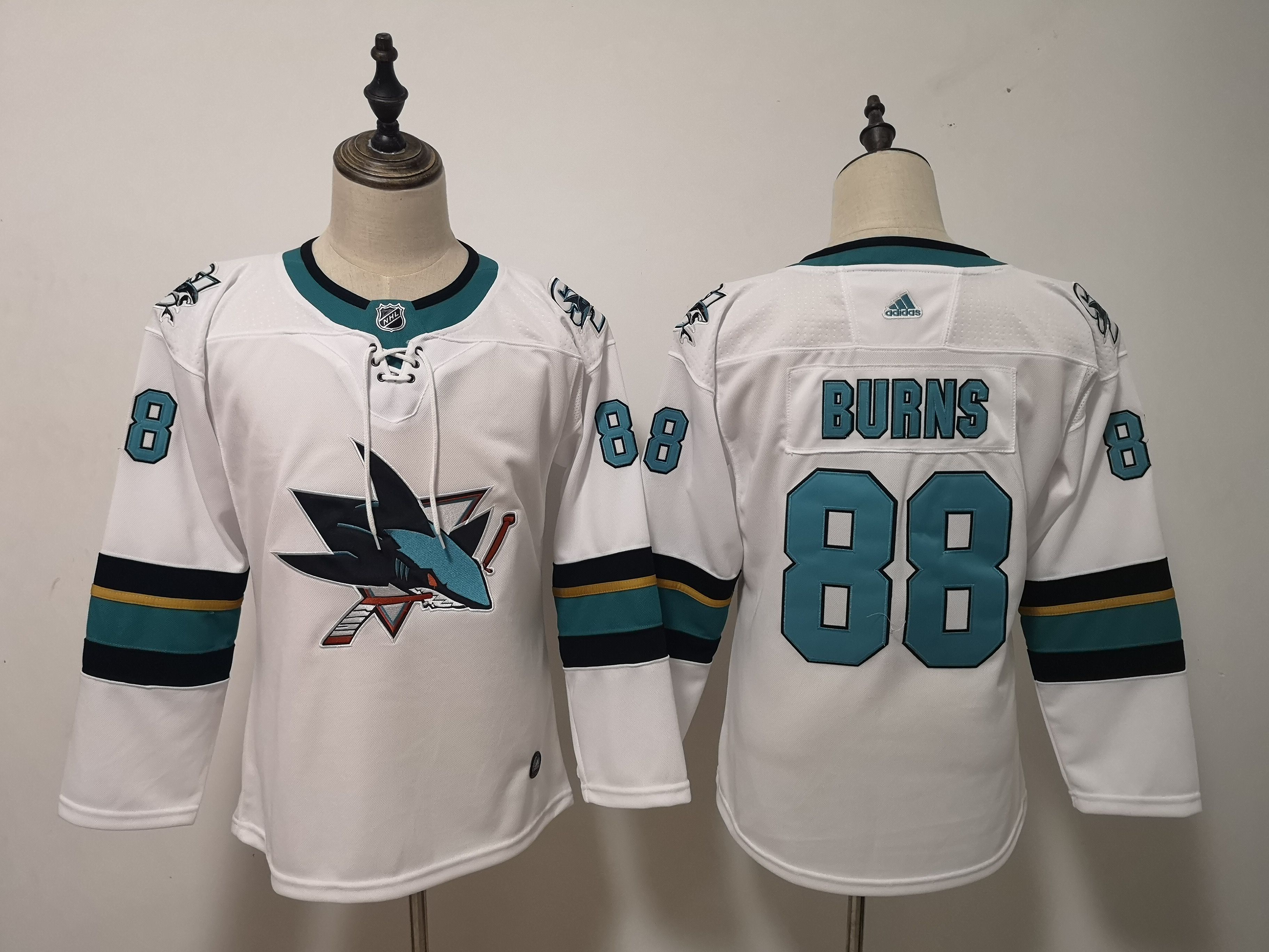 Women San Jose Sharks #88 Burns White Adidas Stitched NHL Jersey->women nhl jersey->Women Jersey